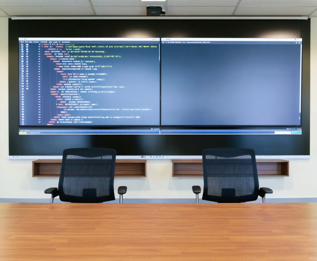 Aula moderna di formazione tech con workstation dual-monitor a Milano