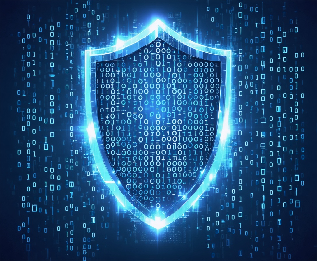 Rappresentazione astratta della protezione dati con scudo digitale luminoso