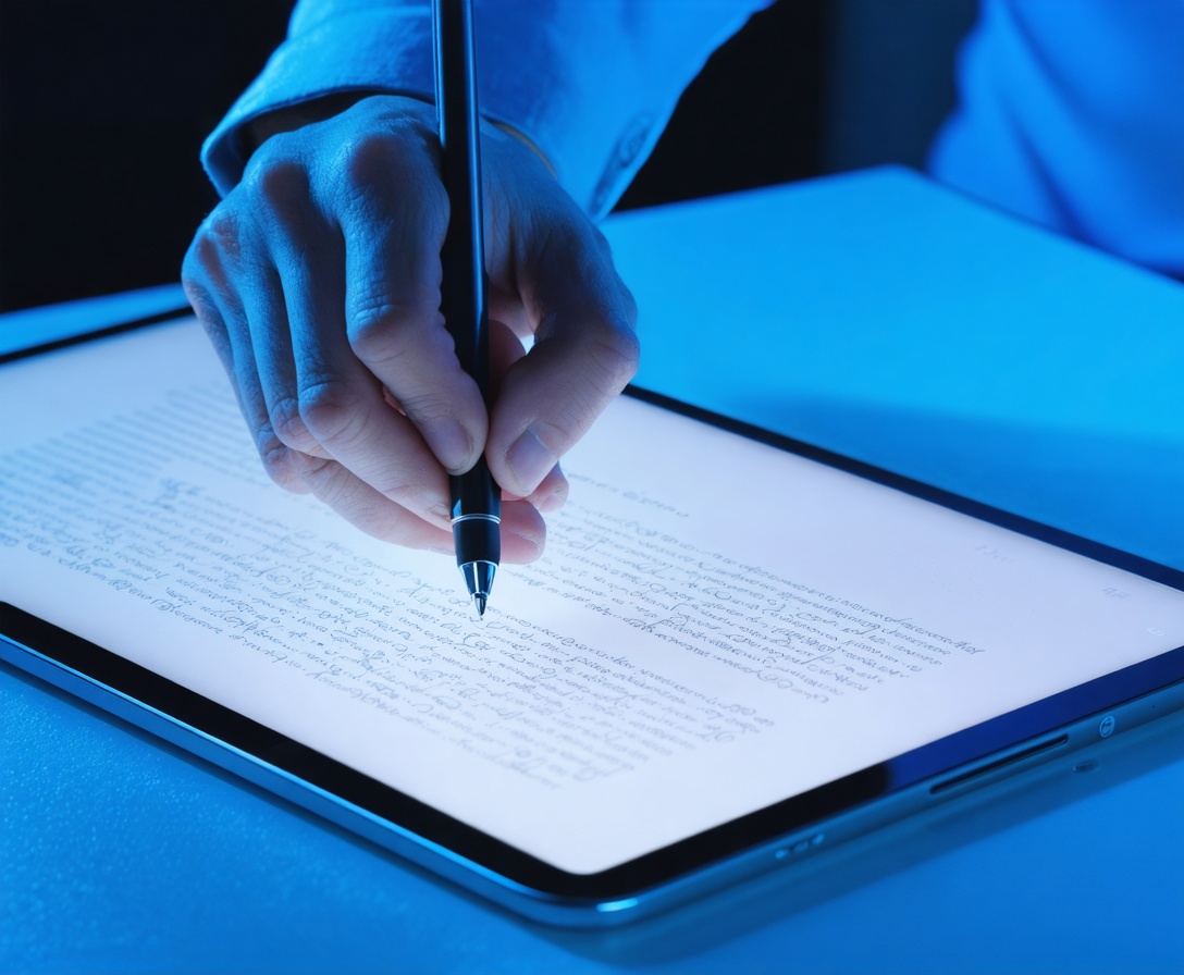 Dettaglio di una mano che firma un documento digitale su un tablet con stilo