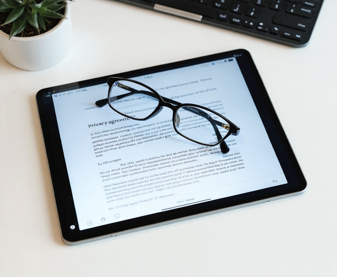Occhiali che riposano su un tablet che mostra un accordo di privacy digitale