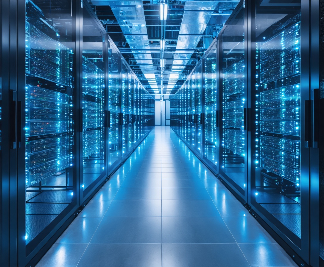 Data center pulito e professionale con file di rack di server e LED blu lampeggianti